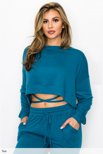 WHS Tie Detail Cropped Sweatshirt- Teal