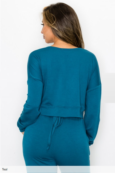 WHS Tie Detail Cropped Sweatshirt- Teal