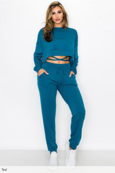 WHS Tie Detail Cropped Sweatshirt- Teal